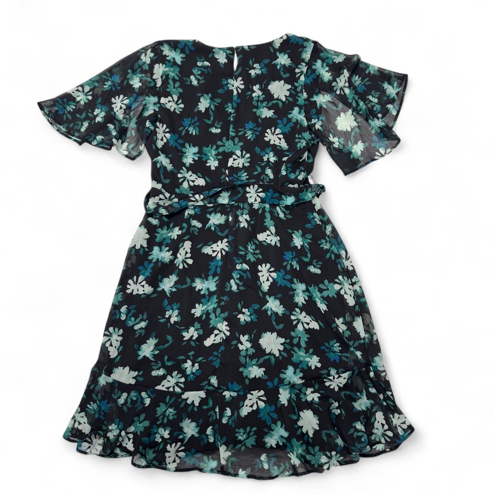 DKNY Floral Print Midi Dress Womens 10 NWT Flutter‎ Sleeve Tie Waist Black Green - Picture 2 of 9